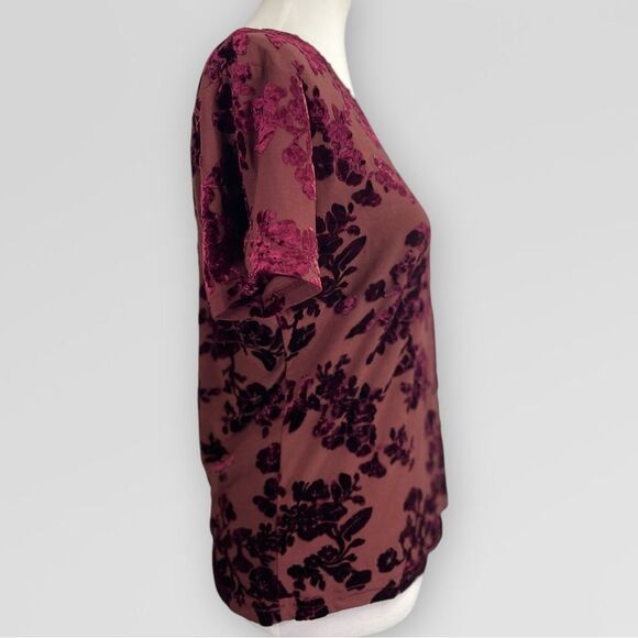 Vintage Velvet Floral Blouse, Large. Burgundy maroon semi sheer t-shirt top - Picture 5 of 13